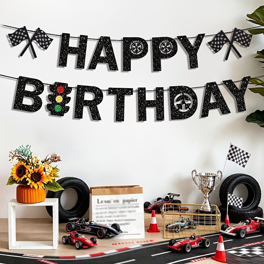 TEMU 1 lot de bannières de décoration pour fête d'anniversaire voiture de course, bannière pailletée "Joyeux Anniversaire", bannières drapeau à ,