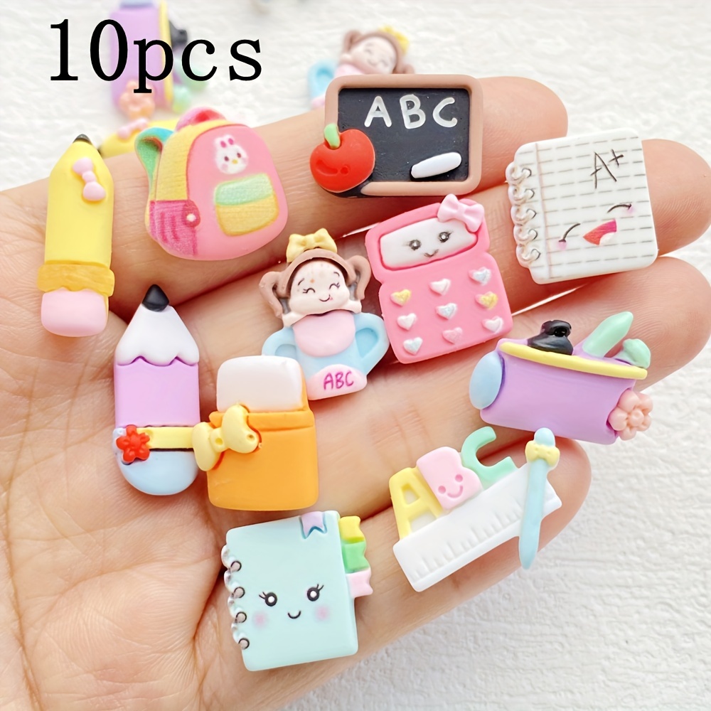 Image of 2d Flat - 10/20pcs Resin Kawaii Cartoon School Supplies Books, Drawing Board, Brush Series Flatback Cabochons - Learning Theme, Scrapbooking, Crafts, Holiday Embellishments Jewelry Making Accessory