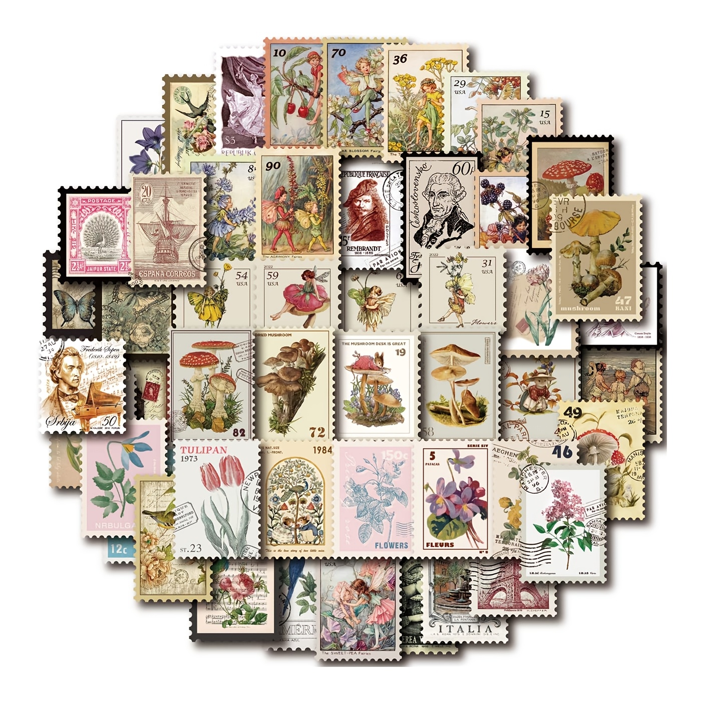 

50pcs Vintage Postage Stamp Vinyl Stickers - Matte , Irregular Shapes For Scrapbooking, Bullet Journals & Collage Albums, Deco Paper, Botanical Fairy