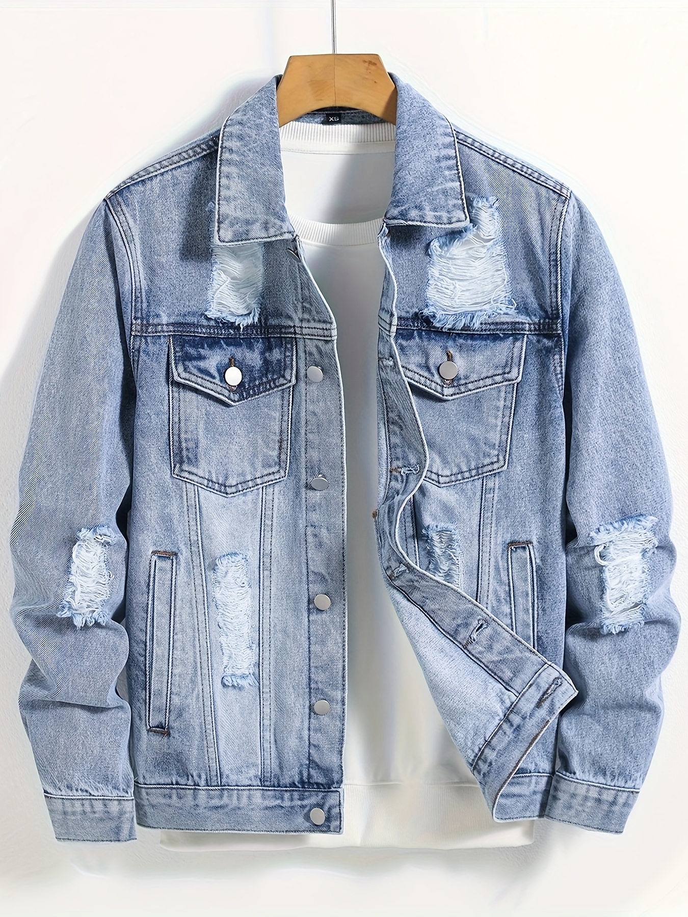 stilvolle hellblaue zerrissene jeansjacke herren schmale Temu