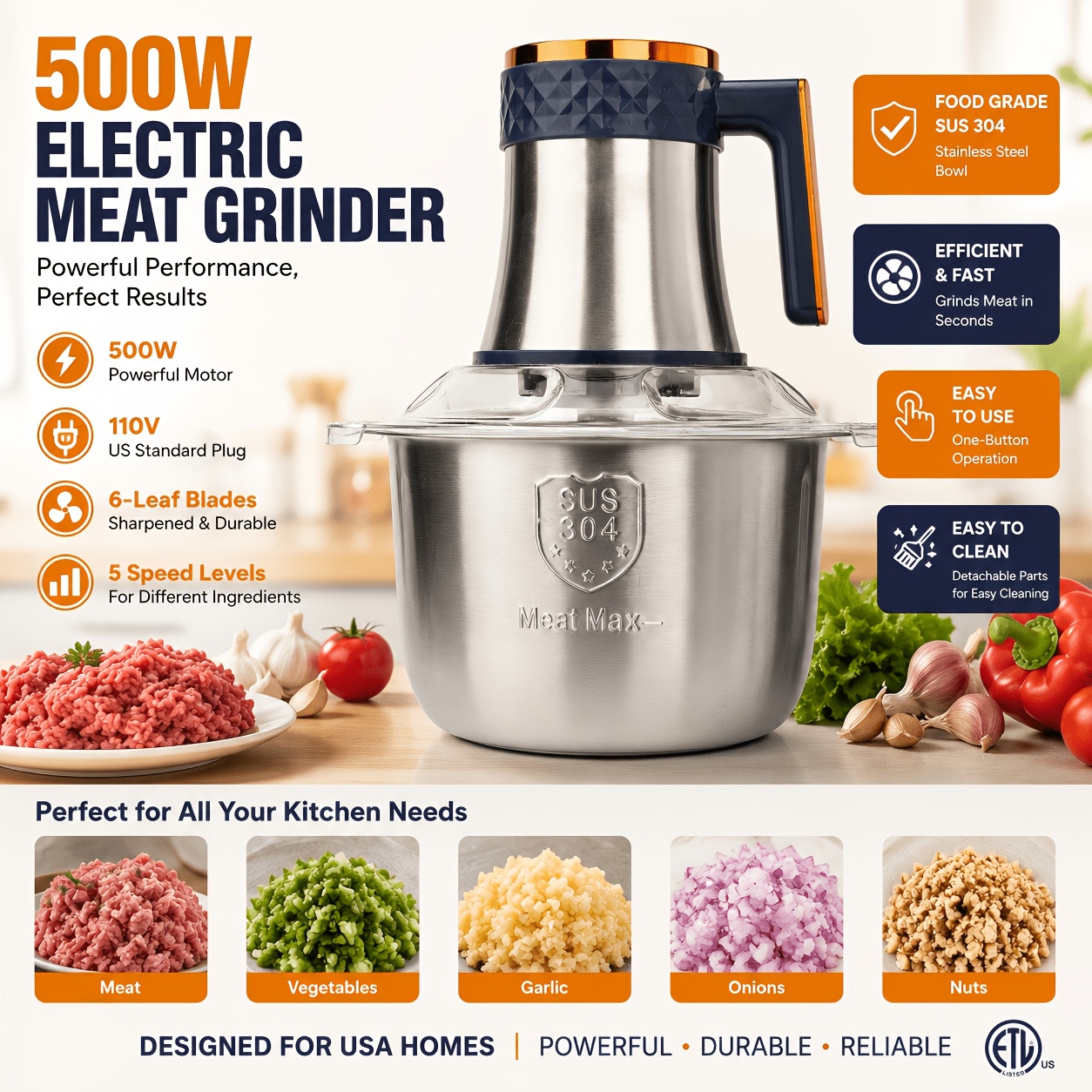 TEMU 5l Home Food Processor, 500w Electric Meat Grinder, 5 Speed Settings, Stainless Steel Bowl, , 3 Accessories Included, Ideal For Mincing Meat,
