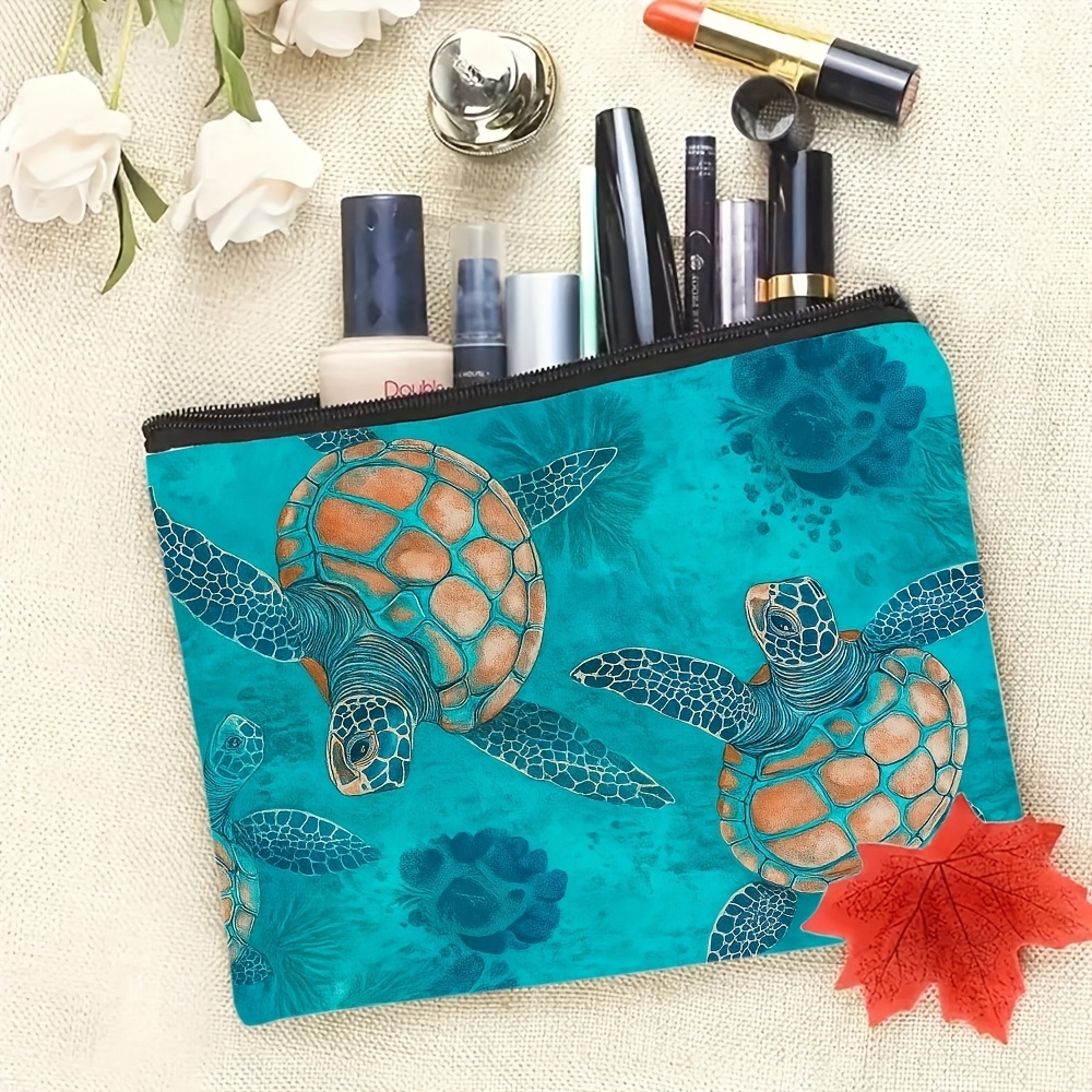 TEMU 1pc Bag With Zipper, Travel Cosmetic Organizer, Suitable For Bathroom Use, Double-sided Makeup Bag, Turtle , Turquoise Color, Lightweight And
