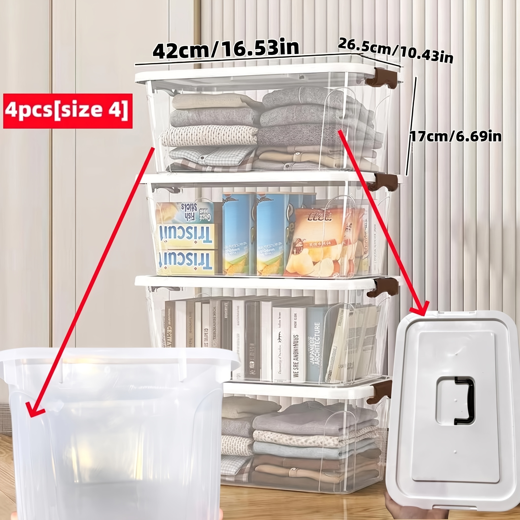 4pcs Stackable Storage Bins Set Transparent - 5 Sizes For Study/garage/kitchen/bathroom/home/organization, Under-bed Storage