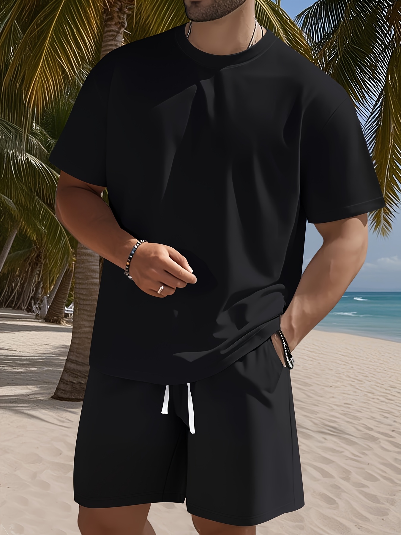 Men's Set, Solid Color Crew Neck Knit T-Shirt with Drawstring Cotton Shorts, Slightly Stretchy Fabric, Comfortable and Breathable, Perfect for Spring/Summer Outdoor Leisure and Sports, Keeps You Light and Carefree