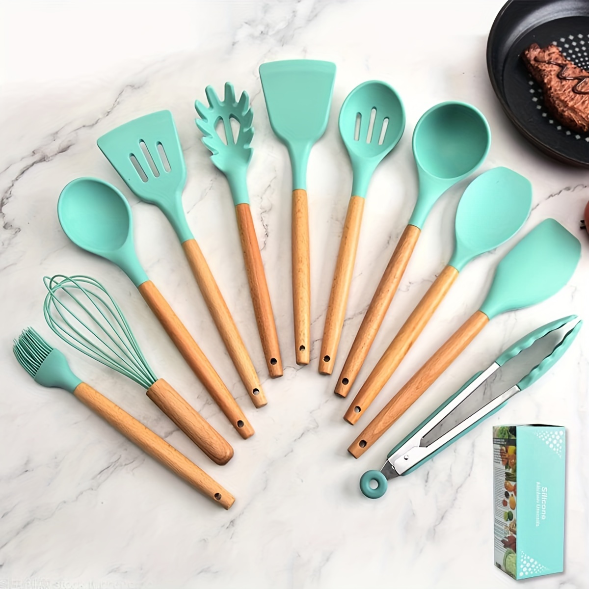 TEMU Silicone Kitchen Utensils Set, 12pcs Cooking Utensils Set, Sturdy Insulation Wooden Handle Kitchen Accessories For Cooking With Spatula Set And