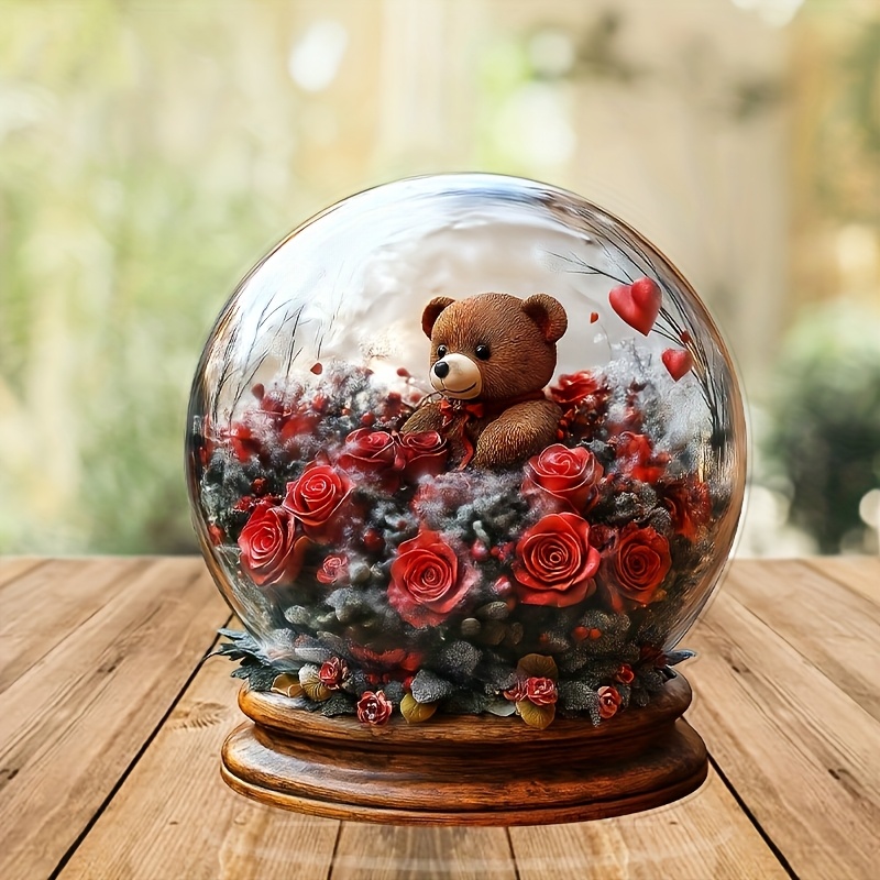 

2d Flat, 1pc Classic Theme Acrylic Crystal Ball Ornament With Teddy Bear And Roses, Multipurpose Desktop Decor For Home And Office, Universal Holiday Decoration