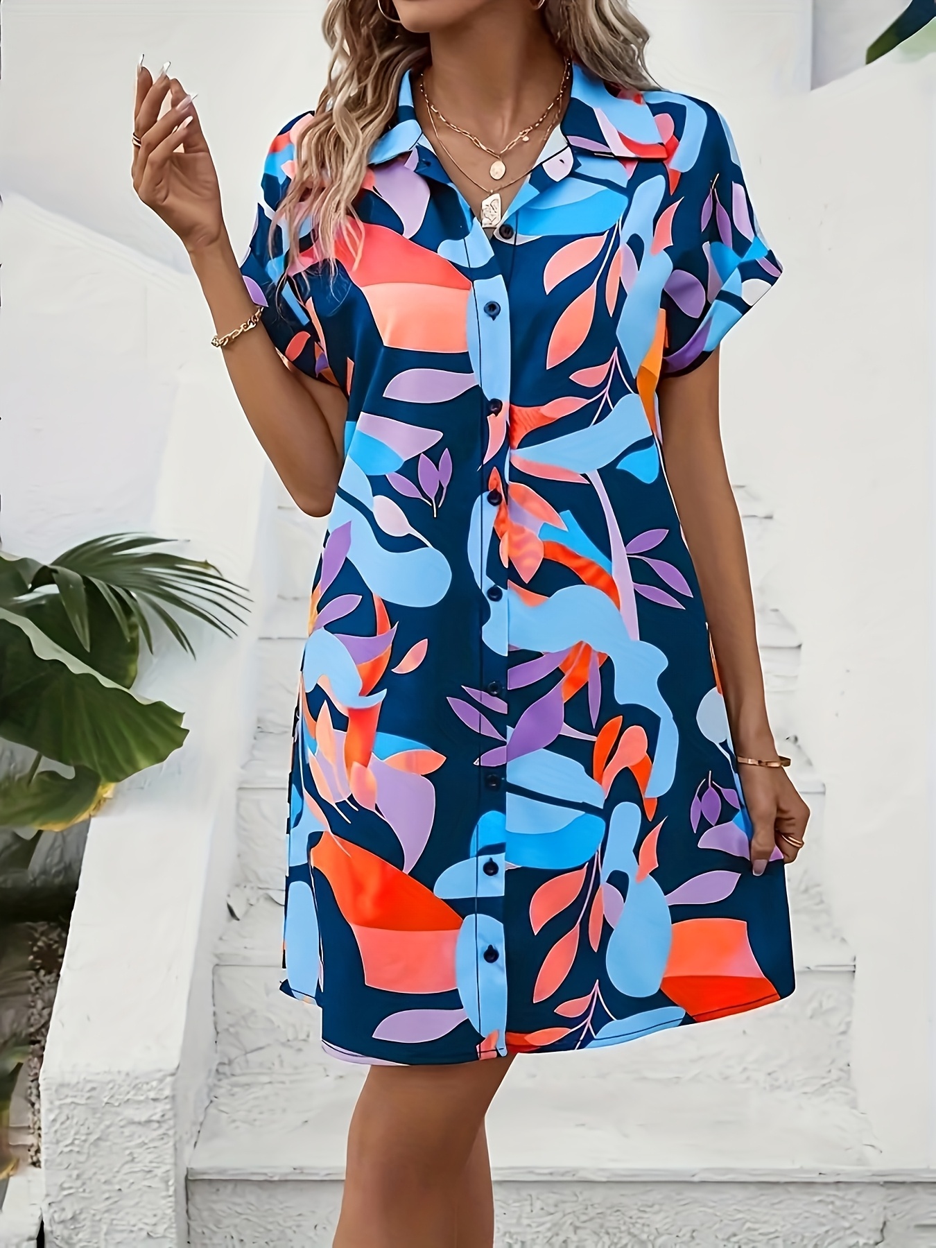 Women's Elegant Summer Shirt Dress with Abstract Print - Batwing Short  Sleeves, Classic Collar & Button Front, Loose Fit Long Length, Machine  Washable H-Silhouette Casual to Semi-Formal Dress, Casual ...
