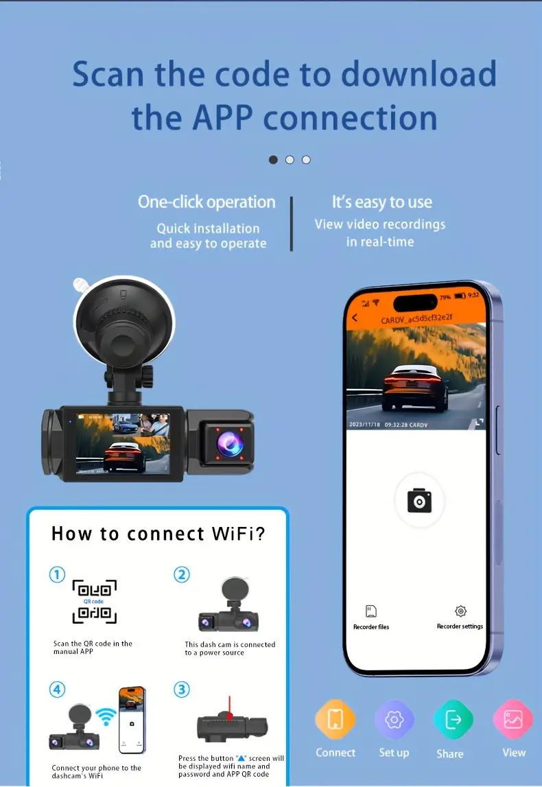 3 通道行车记录器,带 2.0 吋 ips 萤幕,170° 广角,wifi 支援,g 感测器,循环录制,包括 32gb tf 卡和可调式前置、内置和后置安装座,多通道录制 |时尚黑色设计|高品质视频,汽车行车记录器 详情 4