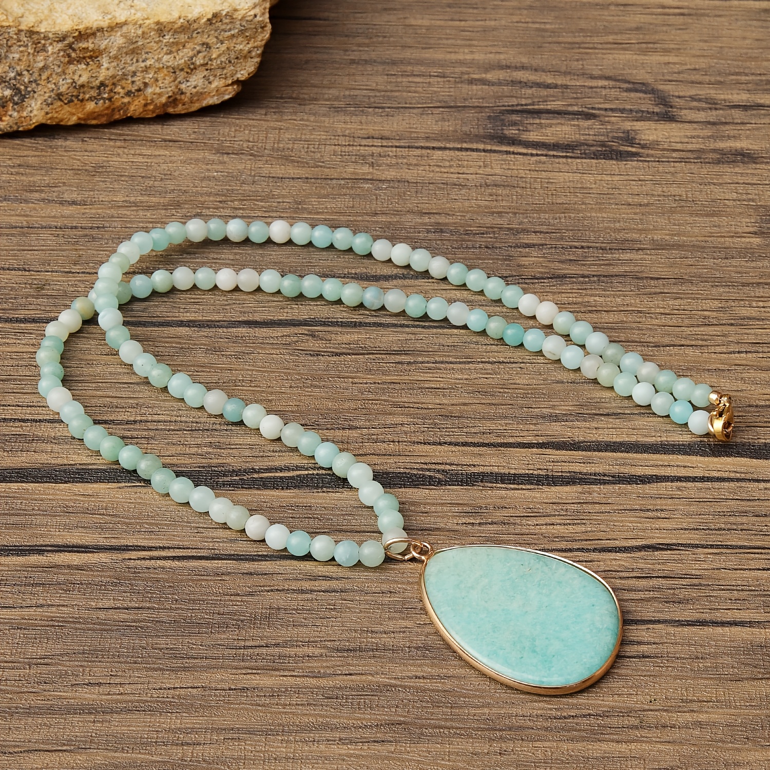 Amazonite Pendant Necklace with Golden-Tone Bezel