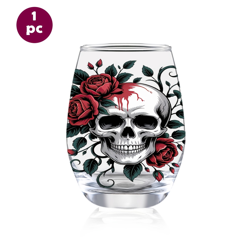E-shop 350ml (12Oz) Wein Glas ohne Stiel | Totenkopf Rose Schmetterling Grafik, für Home Office Bar, Hochzeiten und Toasts, Wiederverwendbares Glas,