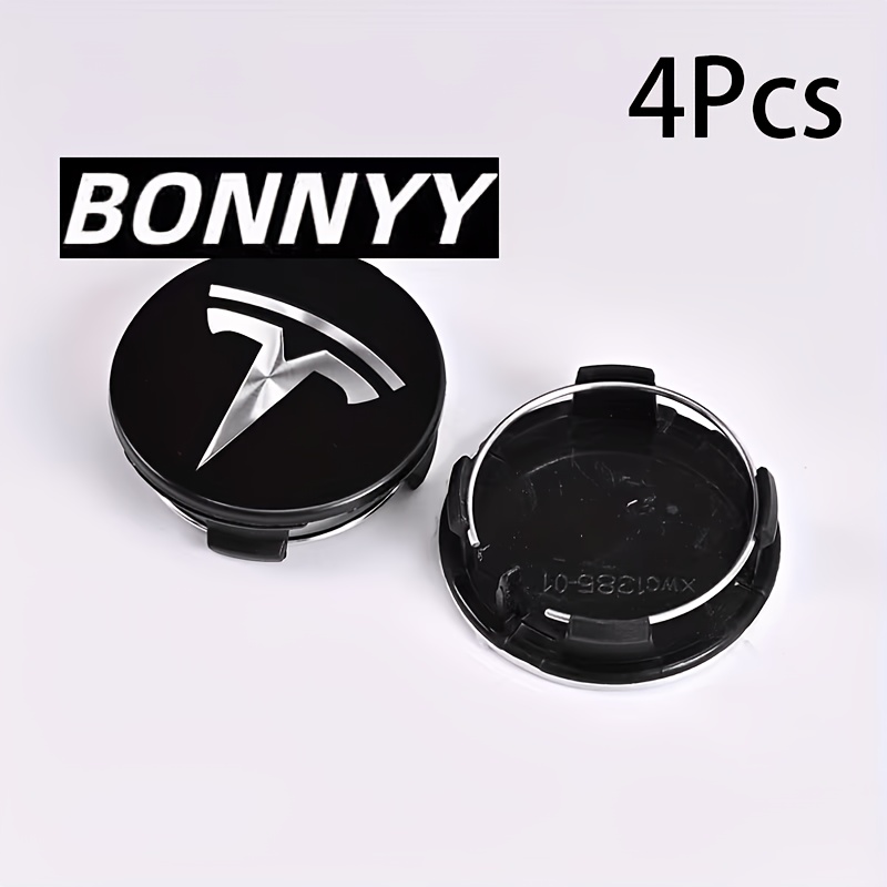 TEMU Lot de 4 enjoliveurs de moyeu de voiture 56 mm, fibre de noire argentée avec logo noir, matériau ABS, compatibles avec Tesla -Y-S3,