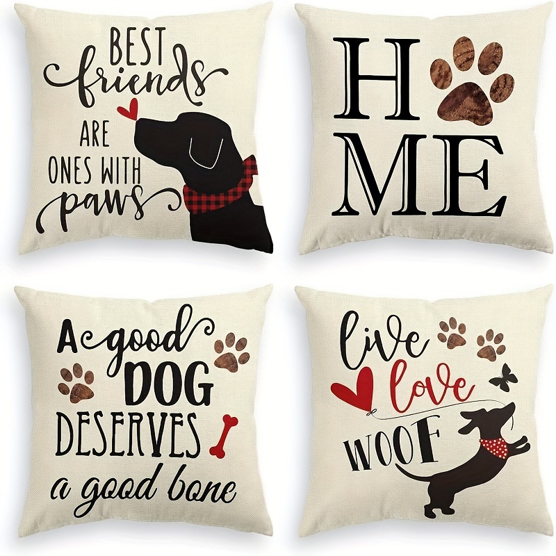 

4pcs Set Dog & Paw Print Throw Pillow Covers - ' Deserves A Good Bone' Design, Zip Closure, Machine Washable, Polyester, 18x18 Inches - Perfect For Sofa & Couch Decor (no Insert)