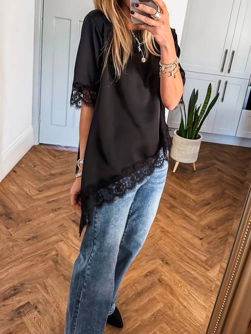 damen freizeitmode einfarbige asymmetrische bluse mit spitzensaum, kurzarm, frühling/sommer neues oberteil, für pendeln/lässige /minimalistische ausflüge und mehr