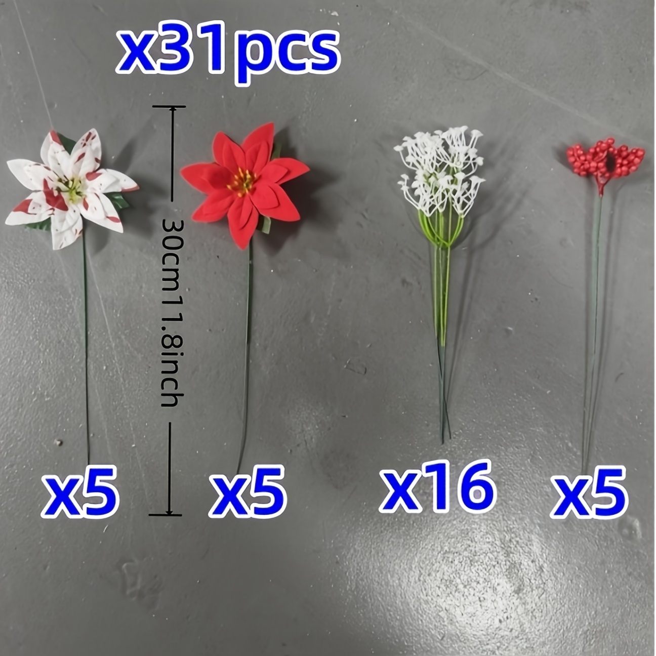 TEMU 31pcs Christmas Red And White Artificial Flower Bouquet With Red Berries And Baby's Breath - Self- Decorative Artificial Flowers, Uv-resistant,