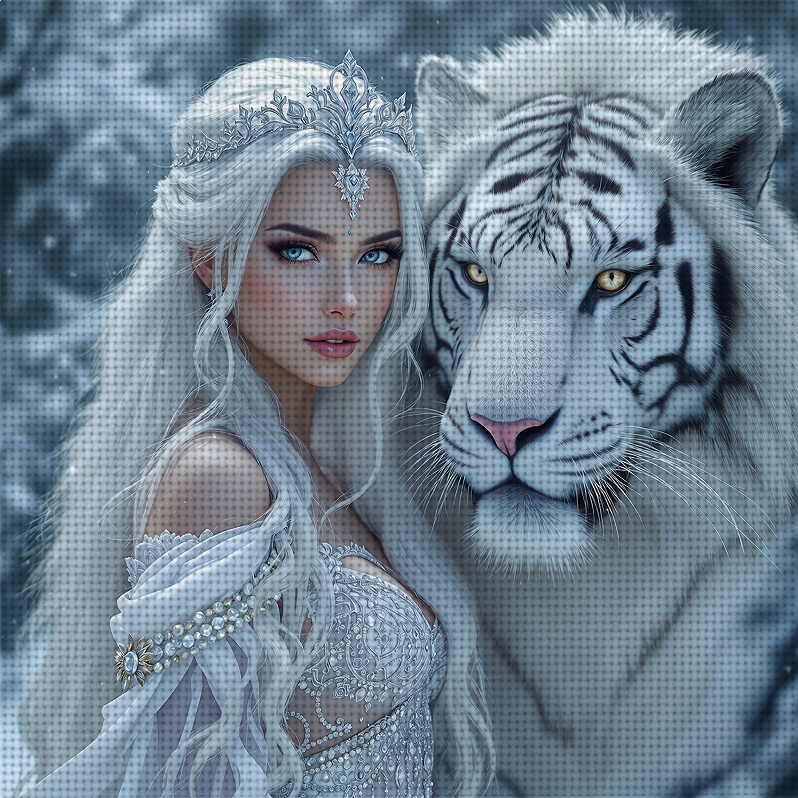 TEMU 1pc New Frameless 11ct/14ct Printed Fabric Cross Stitch Diy Kit "white-haired Woman With White Tiger", Living Room Bedroom Home Wall Decoration