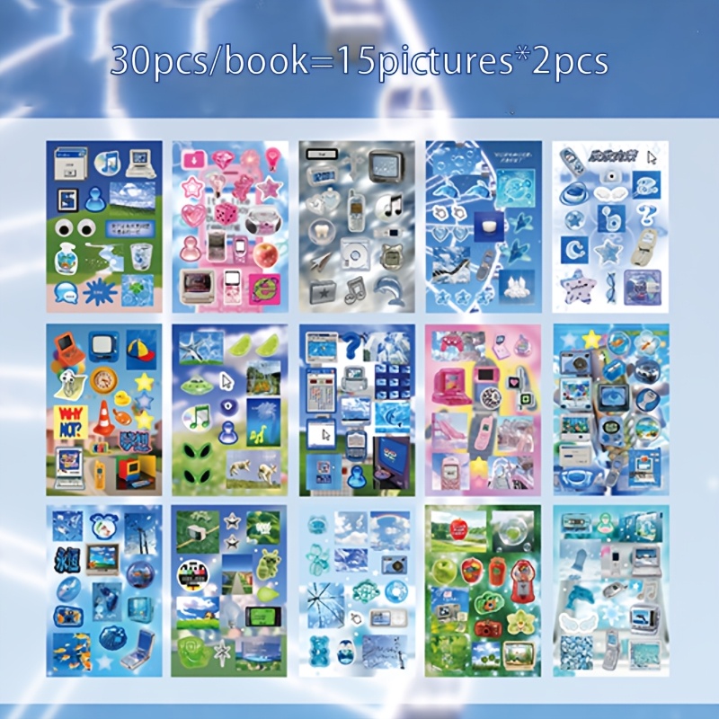 TEMU Livre de 30 feuilles d'autocollants, thème électronique et thème denim fait main, utilisé pour les autocollants de décoration artisanale, , les
