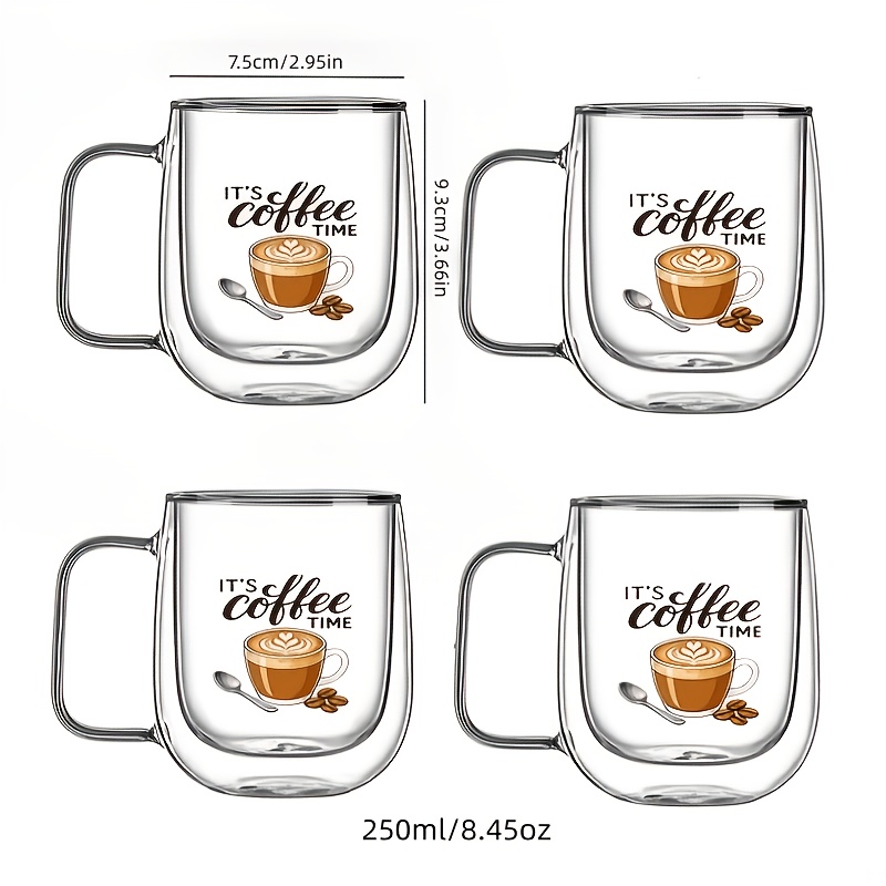 TEMU Lot de 4 mugs à double paroi imprimés pour café (Americano/Latte/Cappuccino), lait, thé aux fruits, eau gazeuse, en verre à double couche de