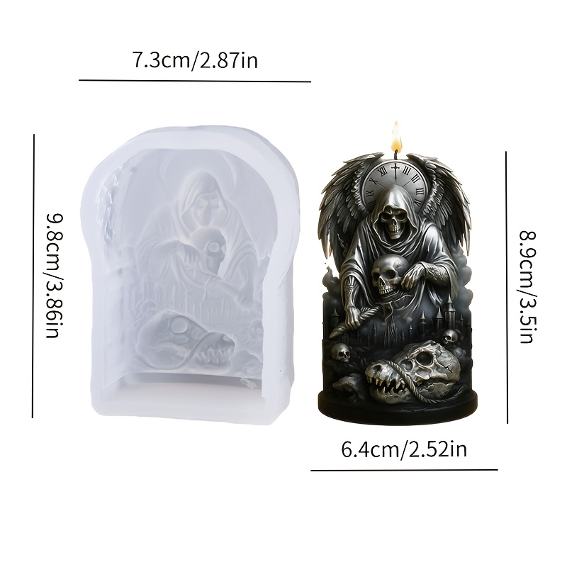 A Cool Reaper Fallen Candle Silicone Mold Featuring Exquisite Wings, Clock, And Details. The Flexible Silicone Allows For Easy Demolding And Cleaning