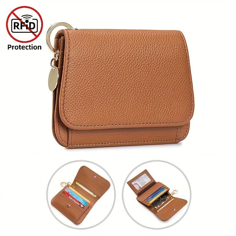 Genuine Leather Women's Fashion Short Wallet, With Rfid Anti-theft Function, 6 Card Slots, Zipper Coin Pocket, With Id Window And Key Chain, Stylish And Safe, Suitable For Daily Use, Is For Women