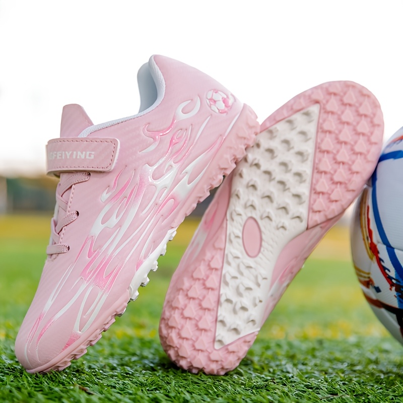 *' Turf Soccer Shoes, Pink Design, Hook-and-loop Fastener Strap  Athletic Cleats for Boys Girls Durable PU Upper