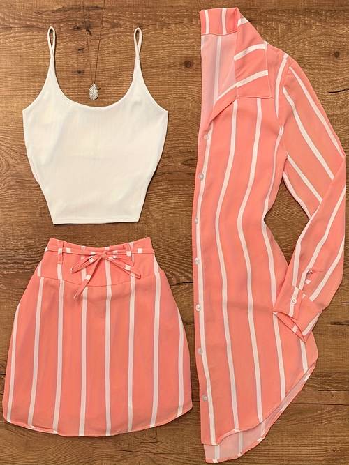 womens 3pcs pink and white striped set camisole top high waisted a line skirt with elastic waistband and bow belt striped shirt camisole features a fit to while the high waisted a line skirt with bow belt