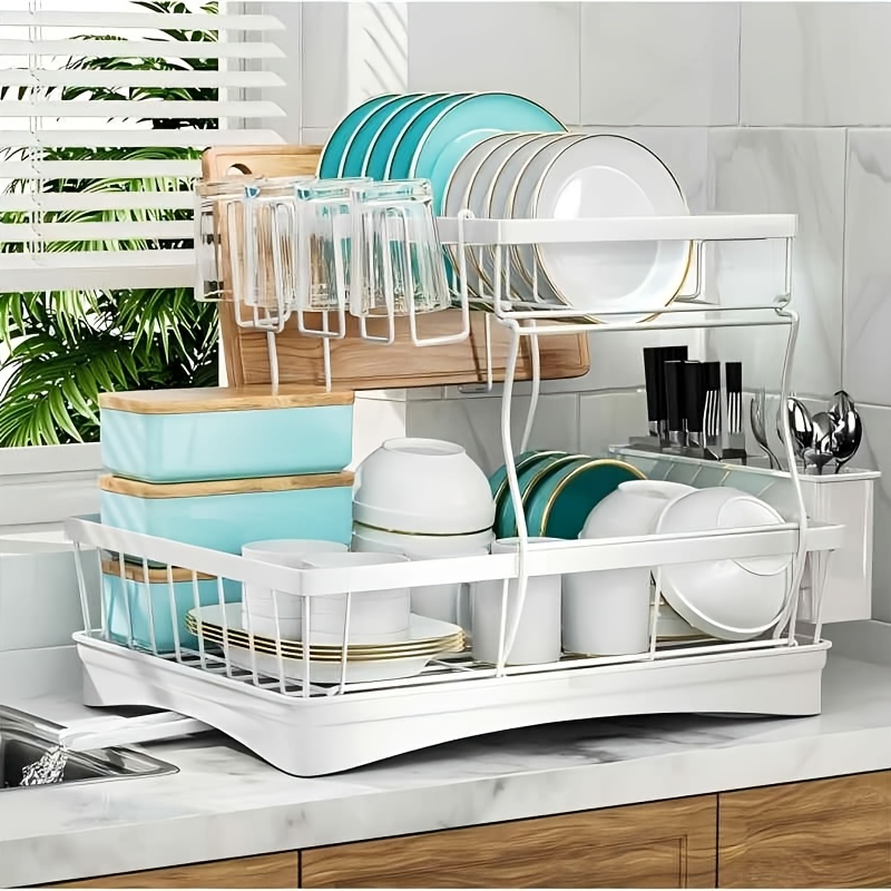Dish Rack With Drip Tray, Utensil Basket, And Cutting Board Holder A Rust-resistant Dish Rack Designed For Kitchen Countertop Storage. Black, Two-tiered. Keep Your Kitchen Organized And Tidy.
