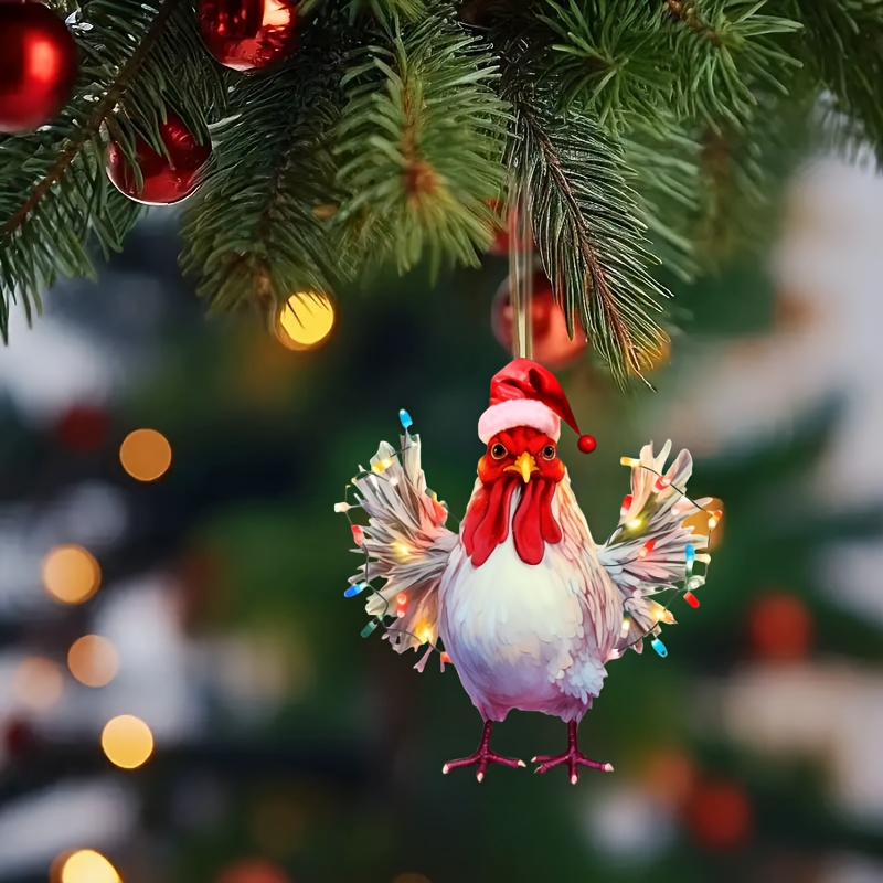 

1pc Christmas Rooster Hanging Ornament - Cute Acrylic Chicken With Santa Hat Decoration Pendant For Home, Car, Backpack Decor & Accessory