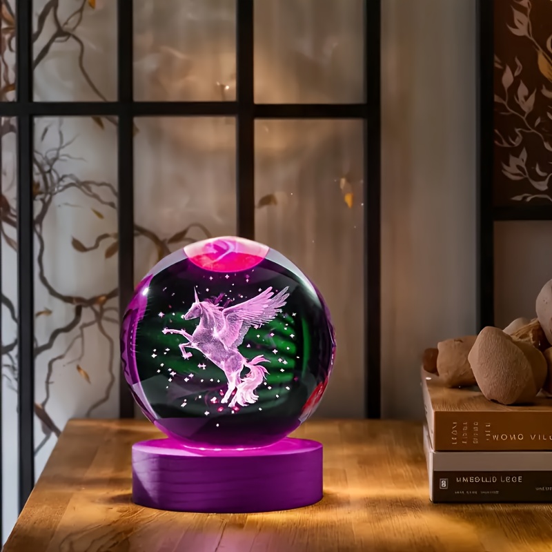 TEMU 2.36-inch Unicorn Crystal Night Light With Color-changing Led, & Wood Table Lamp, Bedside Lamp Room, Room Decor,, Christmas & Valentine's Gift (adjustable Switch)