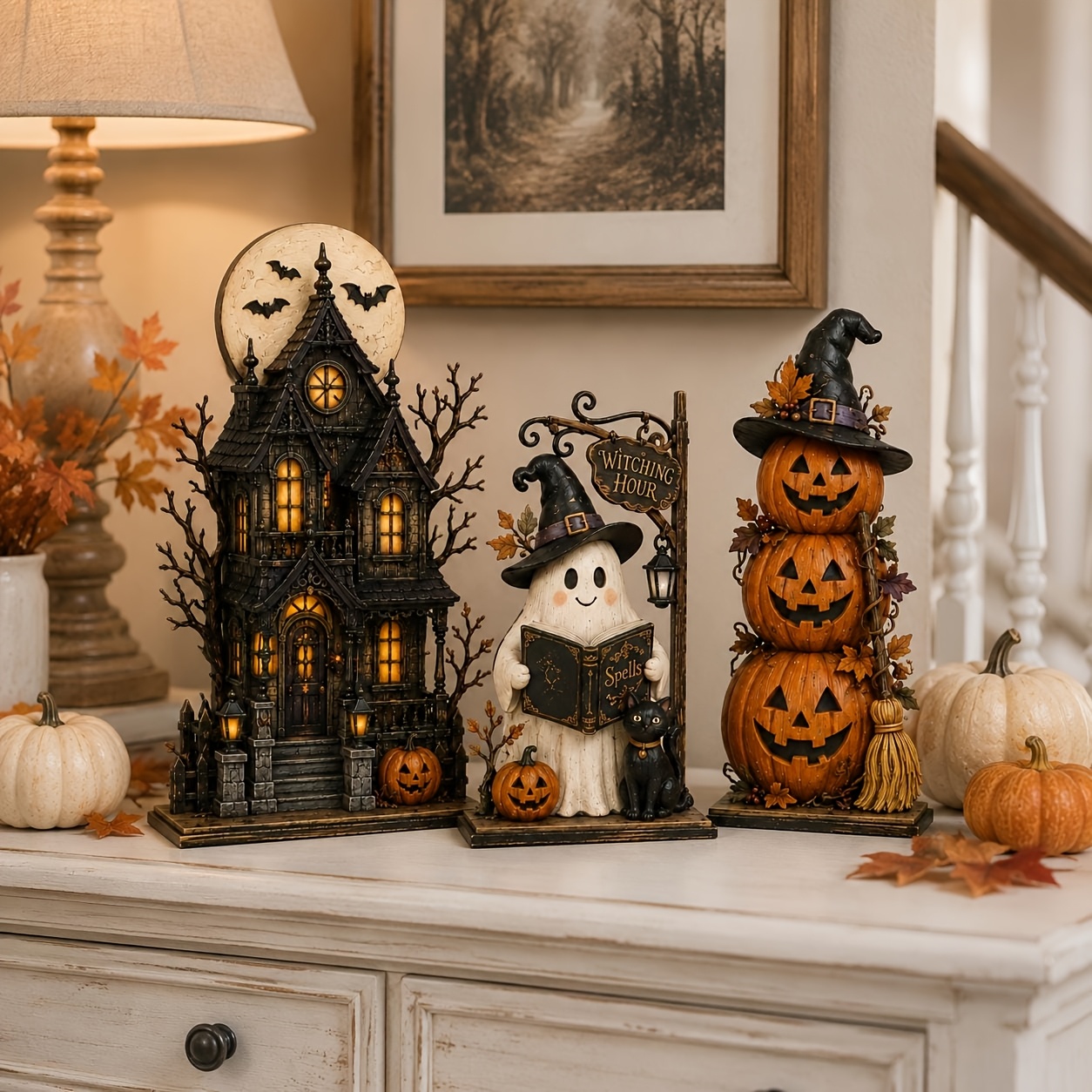 TEMU 3pcs Vintage Wooden & Pumpkin Decorations - Multi-tier Gothic Shelf Rack Suitable For Halloween Tabletop Centerpiece, Spooky Desktop Ornaments