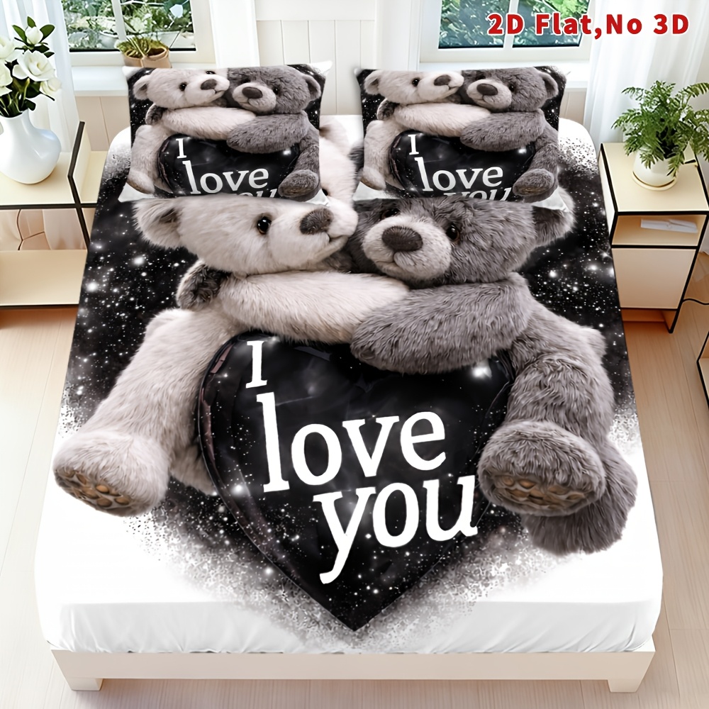 TEMU Latacaca 2/3pcs 2d Flat Teddy Bear Heart Love I Love You Fitted Sheet Set Teddy Bear Bedding Quilt Cover 1 Fitted Sheet   1/2 Pillowcases Heart