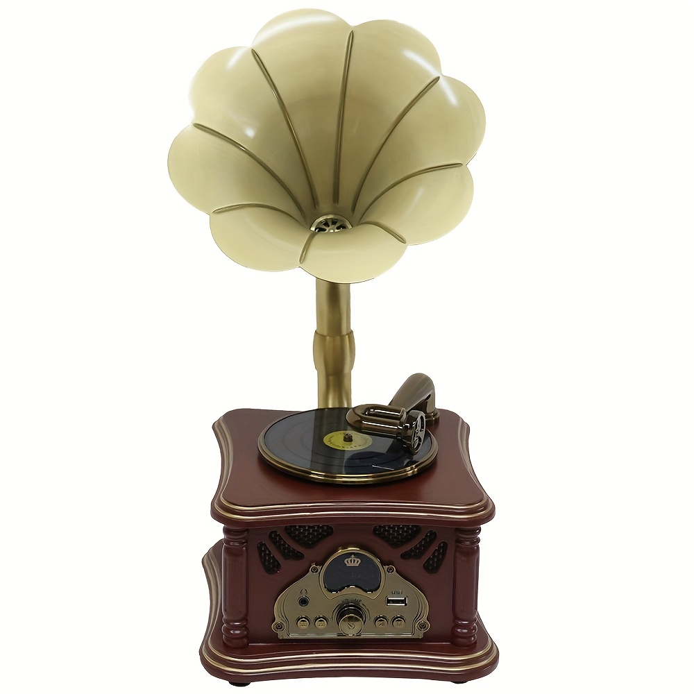 Image of Mini Wooden , Gramophone Shape, Earphone Jack, Wireless Player, Stereo Speakers, Vintage Speakers, Aux In, Usb, Vintage, Dark Brown
