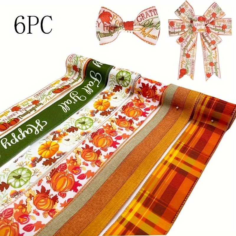 

6-pack Autumn Thanksgiving Burlap Ribbon - 2.5" Orange Plaid & Pumpkin Design With Wired Edge For Crafts, Wreaths, And Decorations