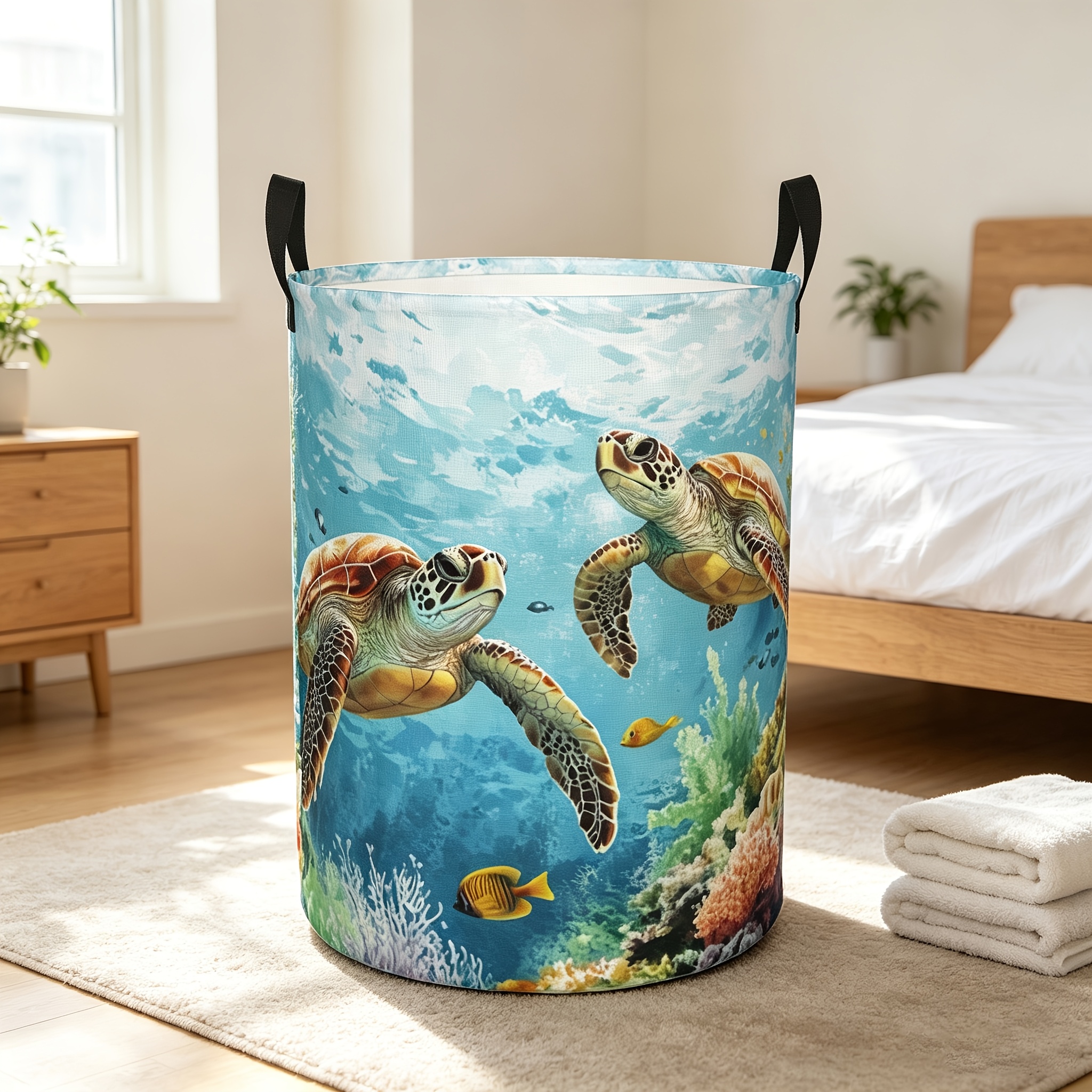 TEMU 1pc Foldable Laundry Basket: Double Turtle Design Oxford Cloth Storage Basket, Suitable For Home Use, Bedroom, Bathroom, Dormitory, Convenient