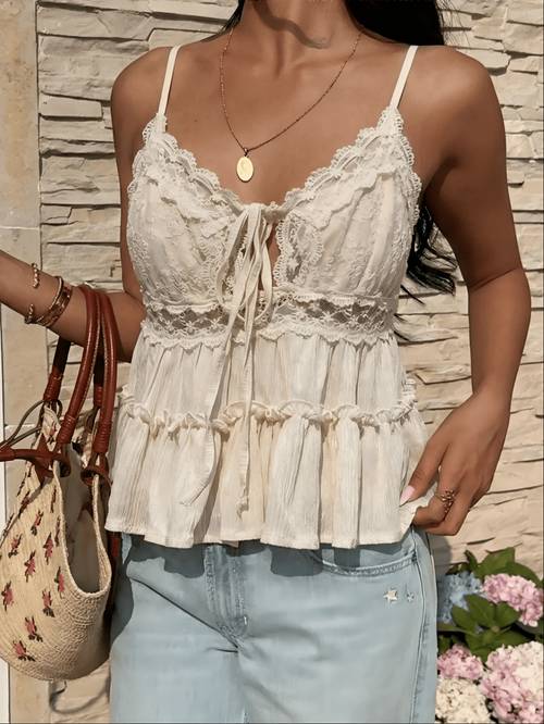 womens apricot lace camisole top solid fabric with lace splice suitable for date party summer