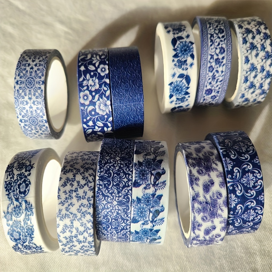 

Chinese Style Blue And White Washi Tape Set - 12 Rolls, Semi-matte , Single Use, Rectangular Paper Seals For Scrapbooking And Journaling