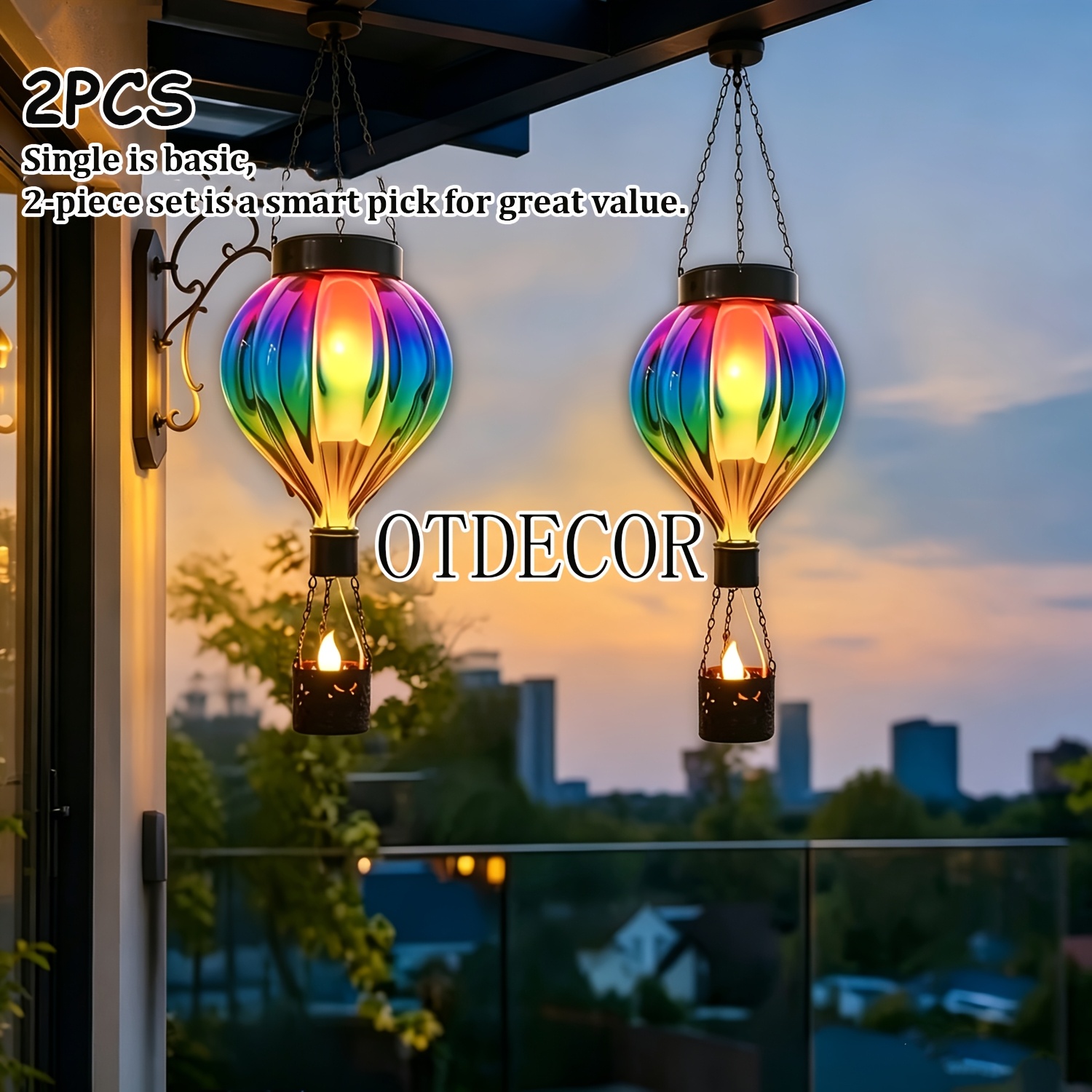 TEMU Otdecor 2pack Decorative Solar Hot Air Balloon Hanging Light Outdoor, Solar Lights Outdoor, Rainbow Gradient Glass Led Candle Lantern, Colorful