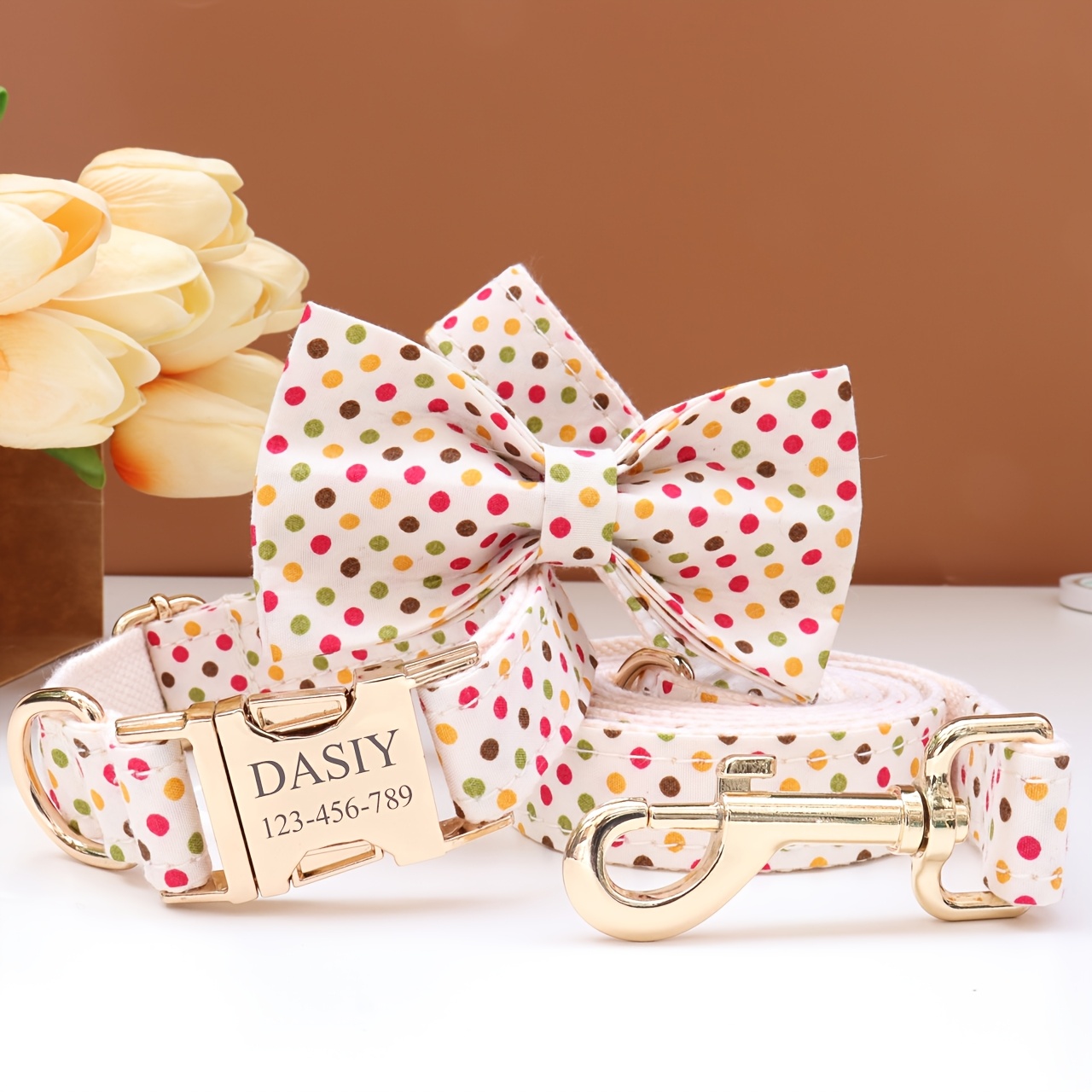Custom Pastel Dog Collar and Leash Set with Bow