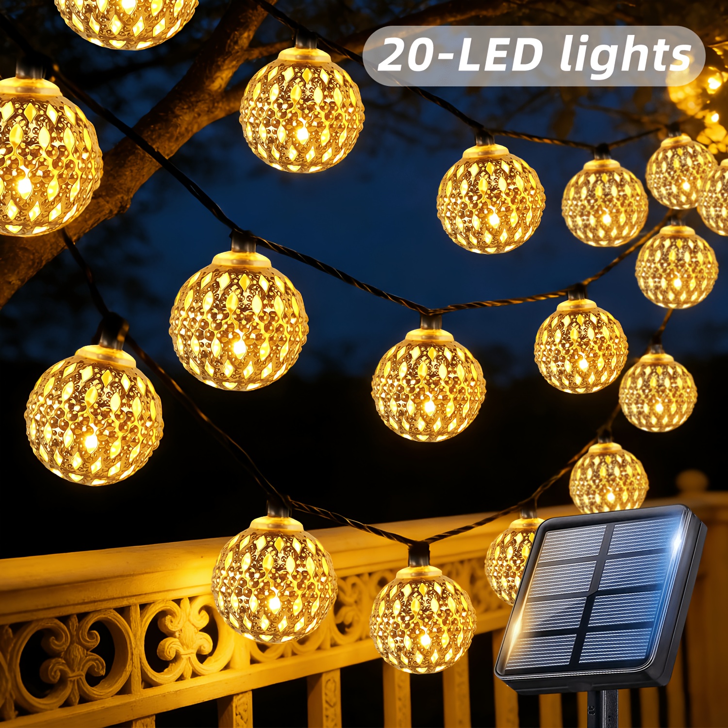 E-shop Solarbetriebene marokkanische Lichterkette in Ballform für den Außenbereich, 20 LED, neue Lichterkette, 12 Blinkmodi, Ramadan-Gartendekoration,