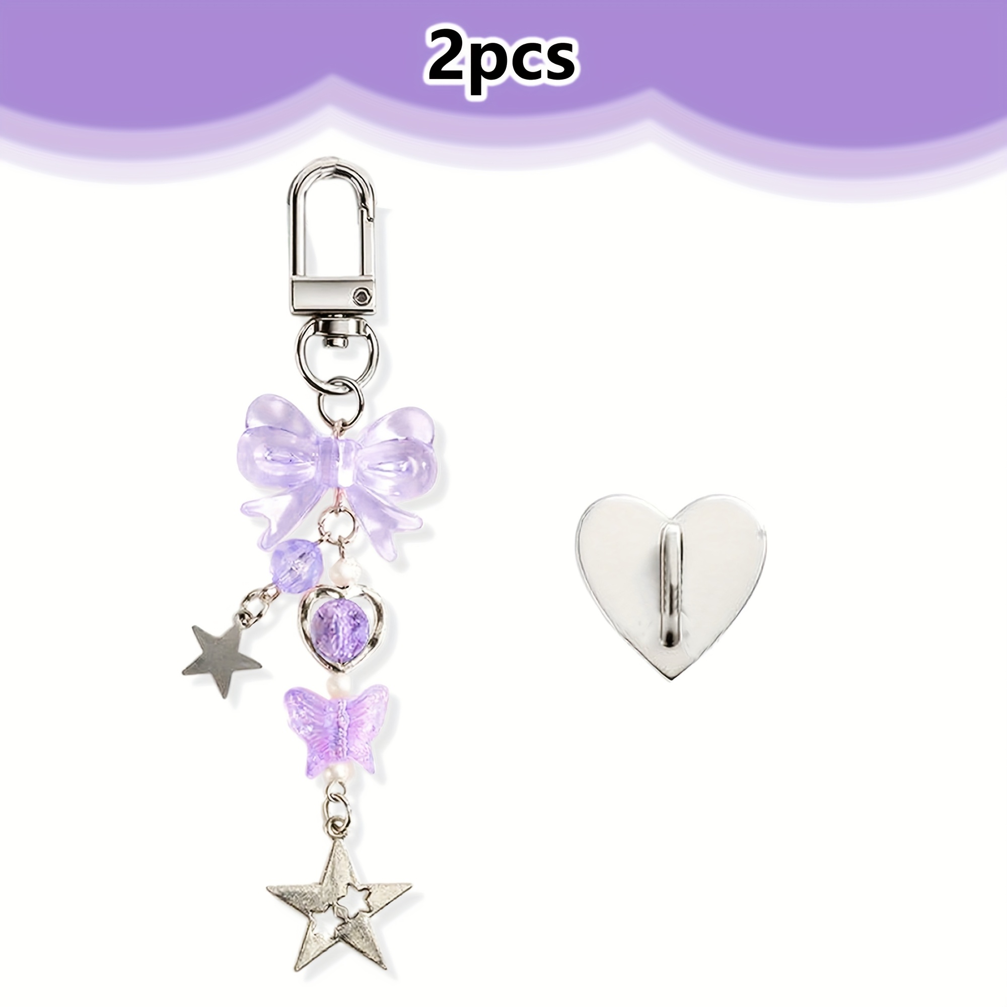 TEMU 2pcs Colorful Bow Phone Charms With Heart Sticky Hooks - Stylish Resin Mobile Accessories, Portable & Easy-to-use, Phone Cases, Bags, And Keys,