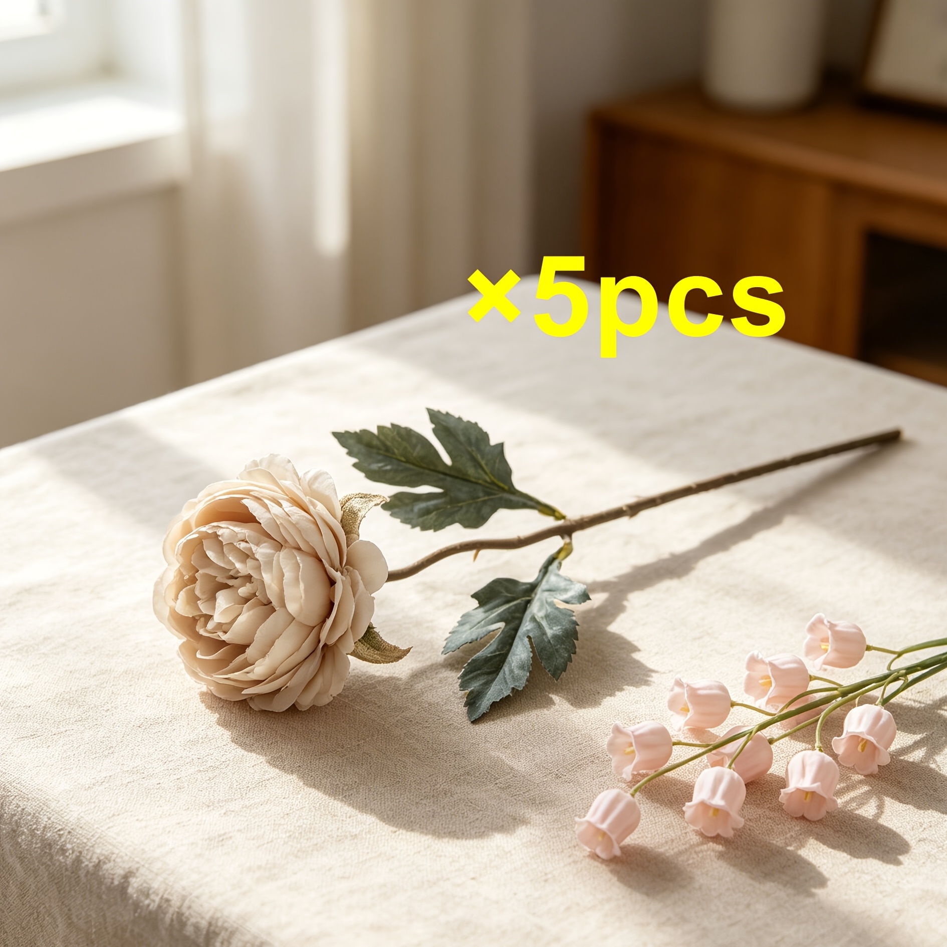 TEMU 5pcs Outdoor Artificial Flower Roses Peony Bouquet, Indoor Room Bedroom Bathroom, Table Vase, Spring Autumn Garden Window, Wedding Bridal