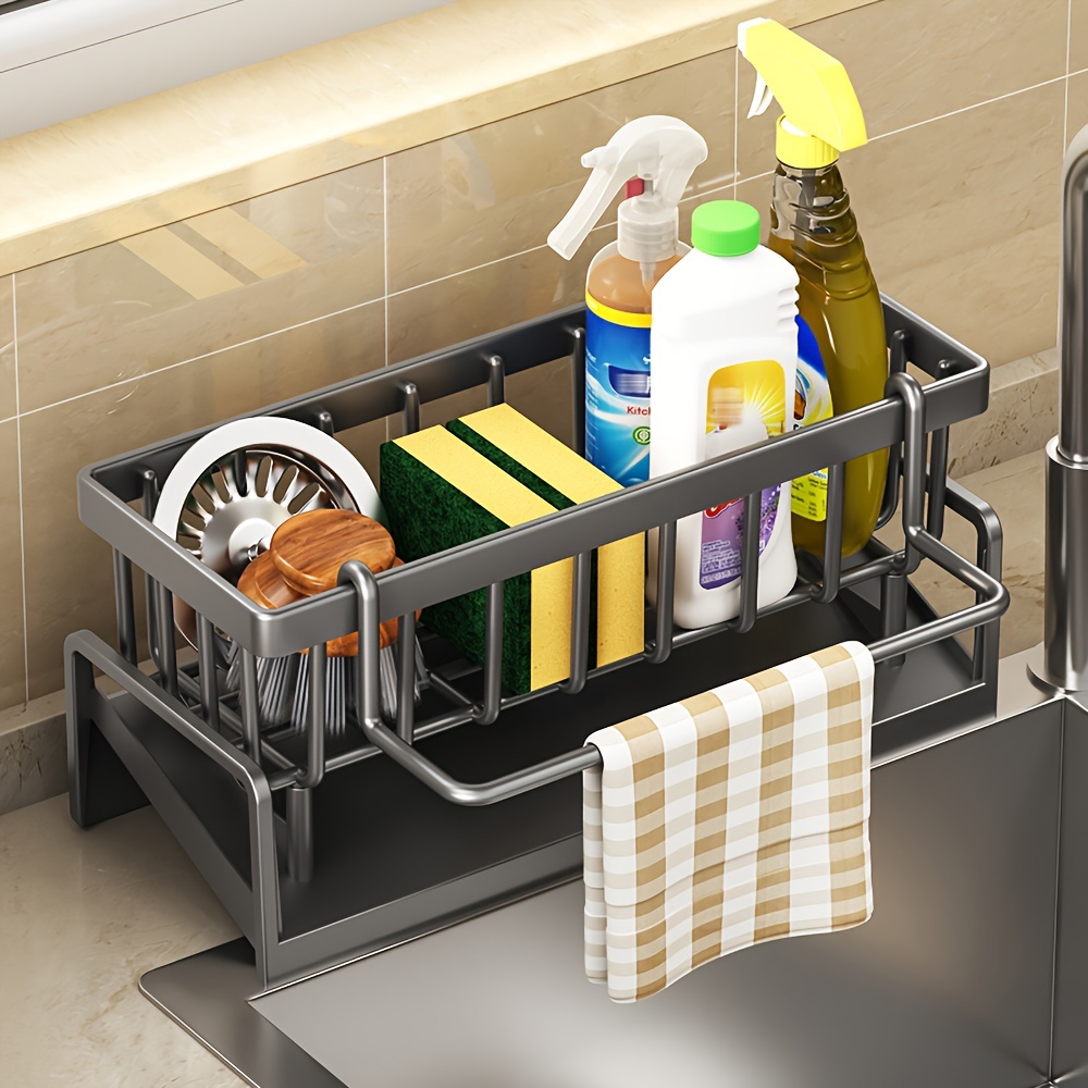 2pcs kitchen sink organizer   plastic rack for dishcloths sponges soap dispenser multi functional rust proof drain design   storage solution details 1