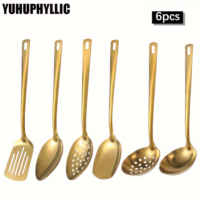 

Yuhuphyllic 6-piece Stainless Steel Kitchenware Set: Home Cooking Essentials - Golden Soup Spoons, Colanders, And Hot Pot Spoons