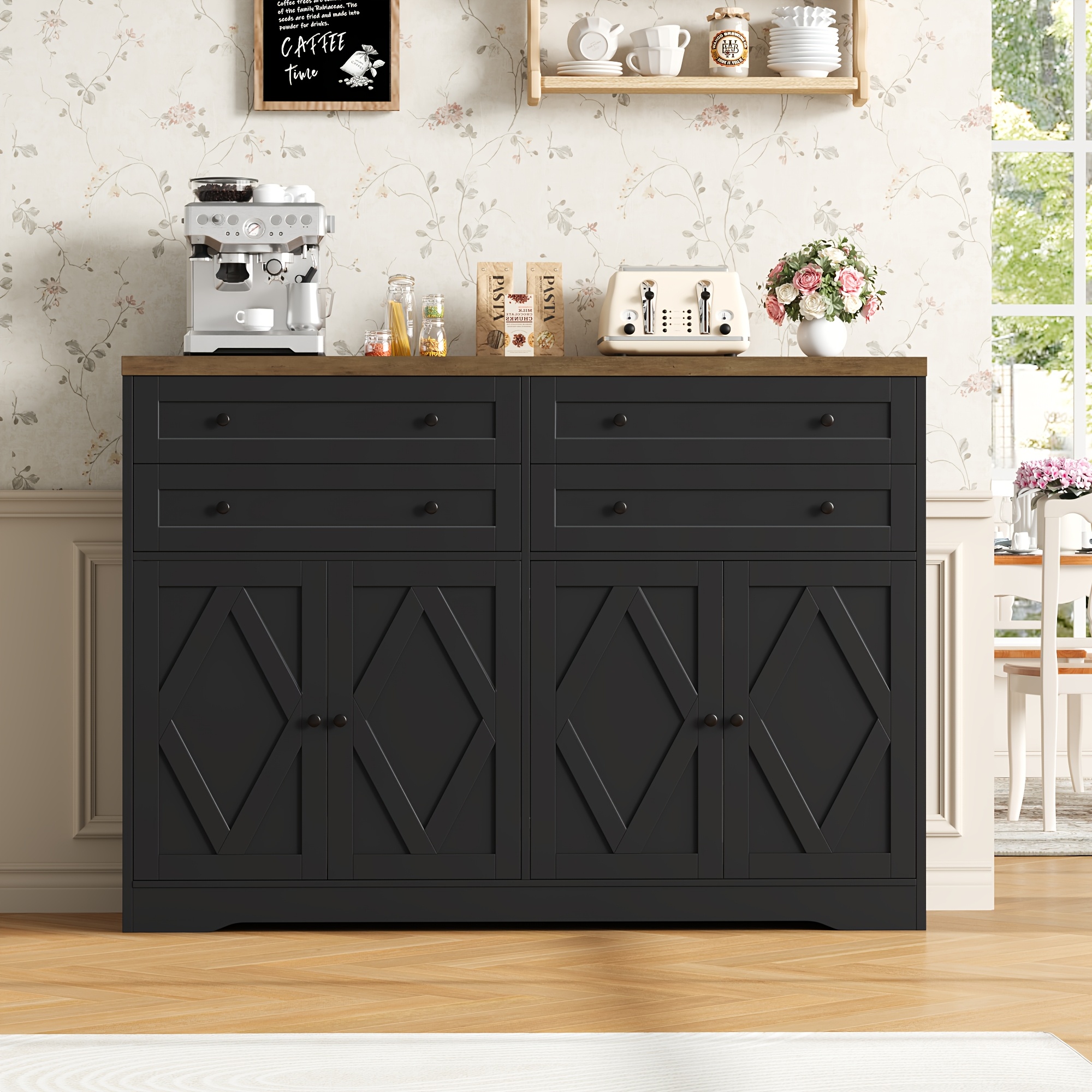 Image of Kealive Sideboard Buffet Cabinet With & 4 Drawers, Adjustable Shelves Storage Cabinet For Dining Room, Kitchen & Living Room, White & Black