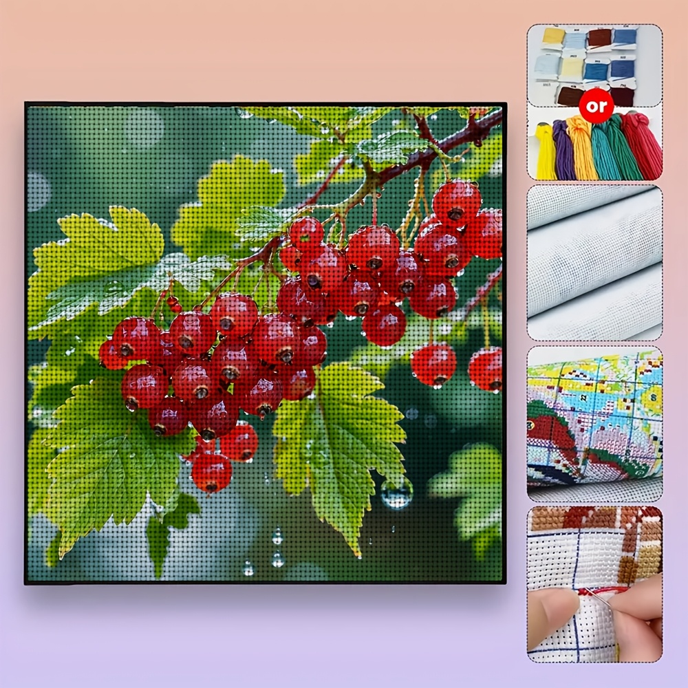 Red Fruit Green Leaf Water Droplet Pattern Cross Stitch Kit