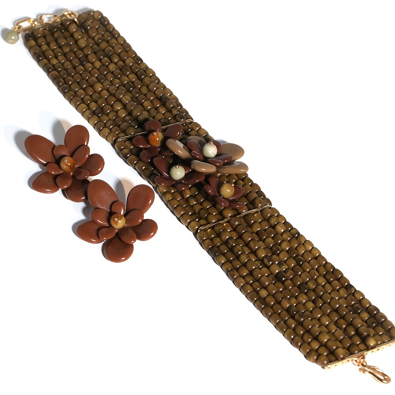 TEMU A Necklace And A Pair Of Earrings Set Featuring A Vintage Bohemian Style With Wooden And Acrylic Flower Pendants, Suitable For Women' Commuting