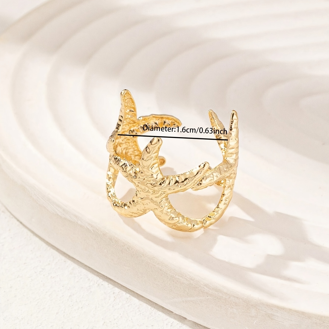 3pcs Golden 3D Starfish Ring Set Shell Open Adjustable Hand Jewelry