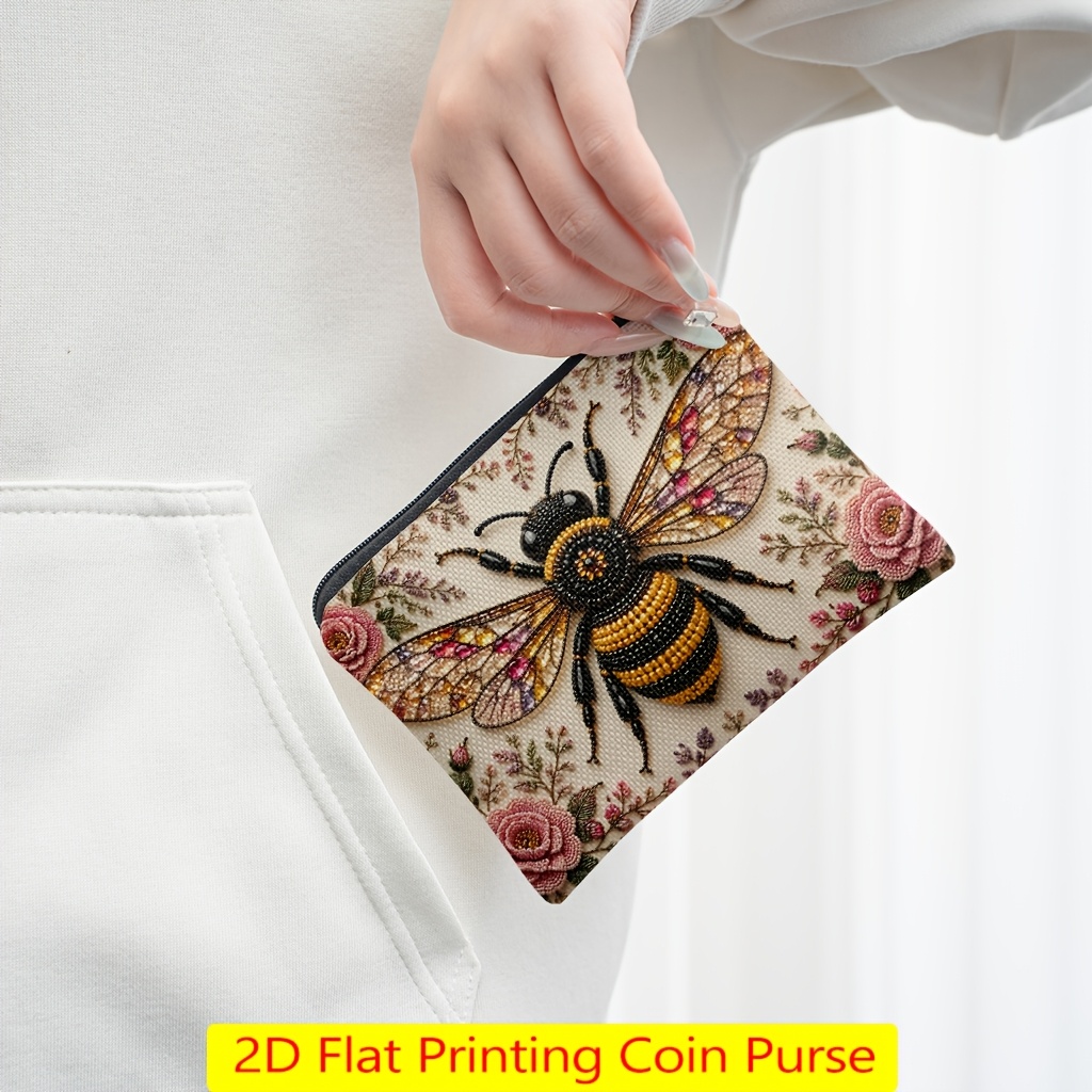 TEMU Coin Purse, Beautiful Beaded Bee Double-sided Printed Coin Purse, Small Portable Zipper Bag For Coin, Key, Card & Earphones, Portable Change