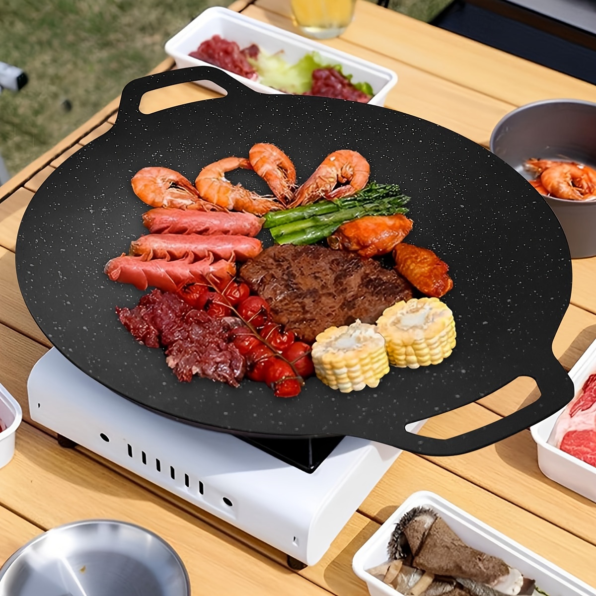 11 8 non stick cast iron bbq pan with dual handles   outdoor camping home use easy clean details 9