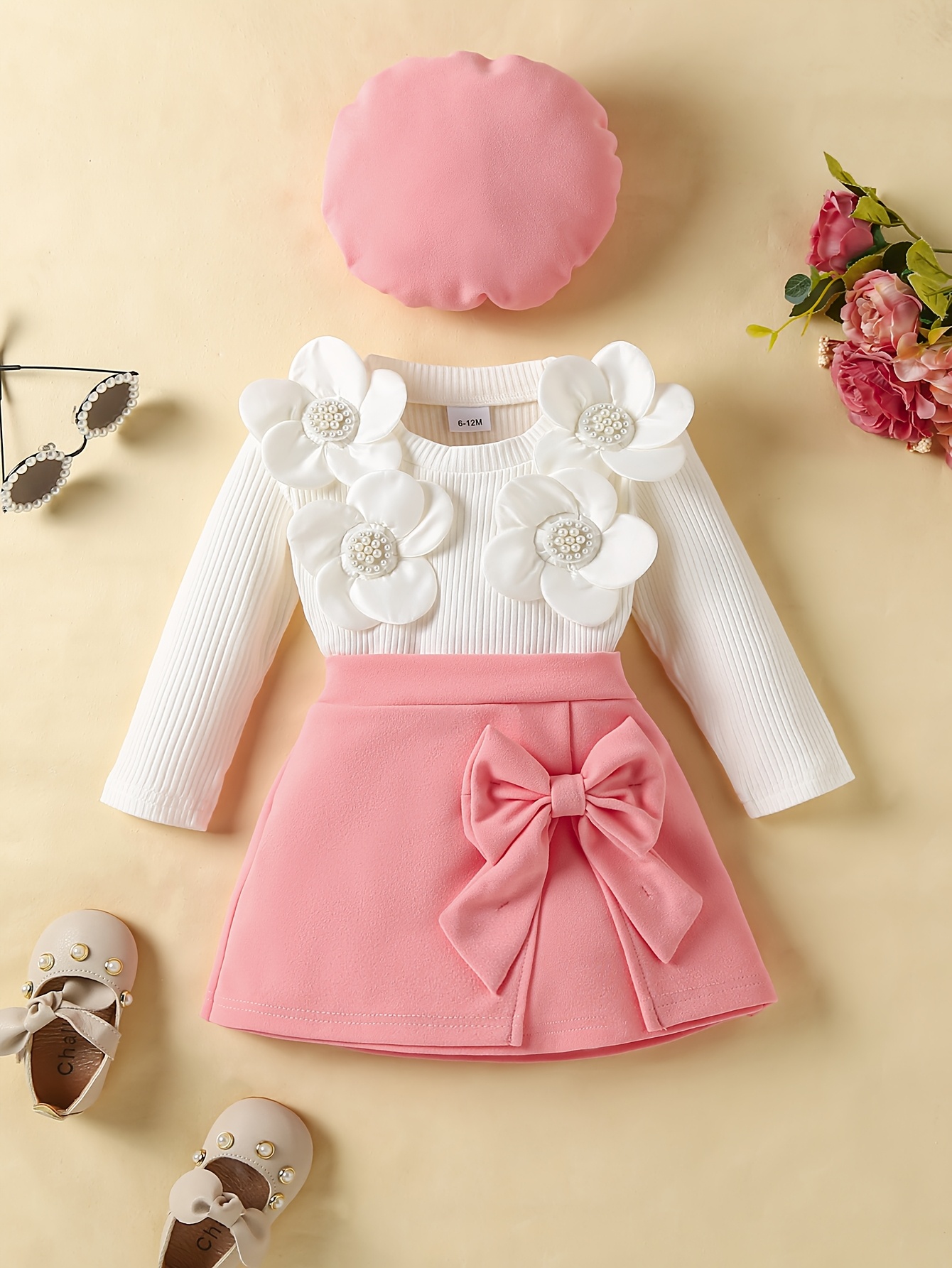 newborn baby girls set 3pcs spring autumn fashionable dress with   bow and floral embellishments long sleeve half length skirt with hat   outdoor Product details 8