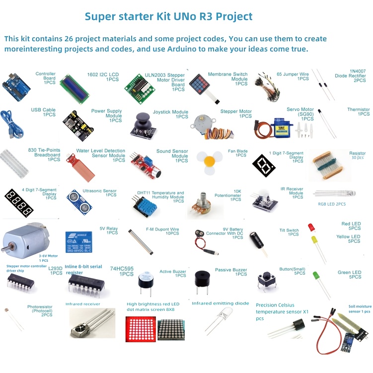 набір для початківців super project | сумісний з  , включає навчальні посібники, плату розробки, модулі датчиків та інші електронні аксесуари, змонтуйте принаймна 26 проєктів |, робоча напруга ≤, бренд:   Опис товару 0